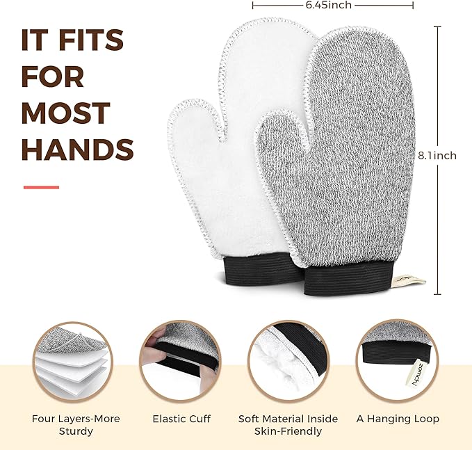 ZOMCHI 2 Pack Deep Exfoliating Glove with Dual Texture, Massage Body Scrub Gloves for Home Spa, Exfoliating Mitt for Dead Skin Removal (Deep + Soft)