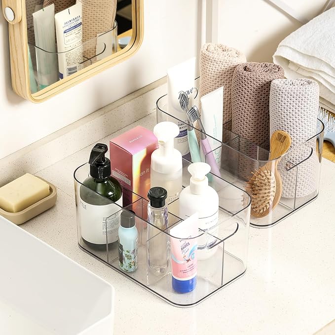 2 Pack, 5-Compartment Clear Plastic Bin - Divided Art Supplies, Cosmetic Makeup Caddy Organizer - Multiuse Storage Container for Vanity, Bathroom, Kitchen, Office, Craft, Shower, Cleaning Items