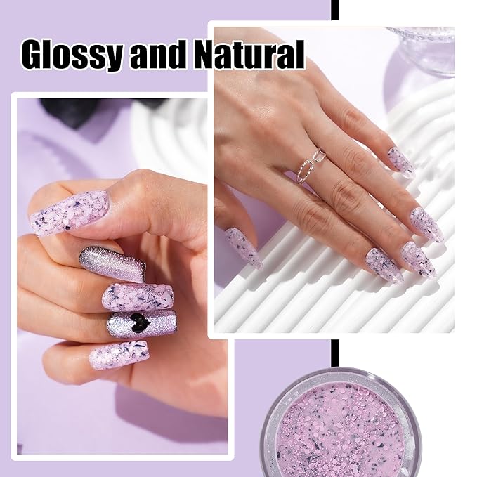 Lavender Glitter Dip Powder, Nail Dipping Powder 1 Oz/28g Purple Colors with Platinum foil for DIY Manicure Salon at Home Easy to Use Nail Dip Powder for Women Gift No Needed Nail Lamp Curing
