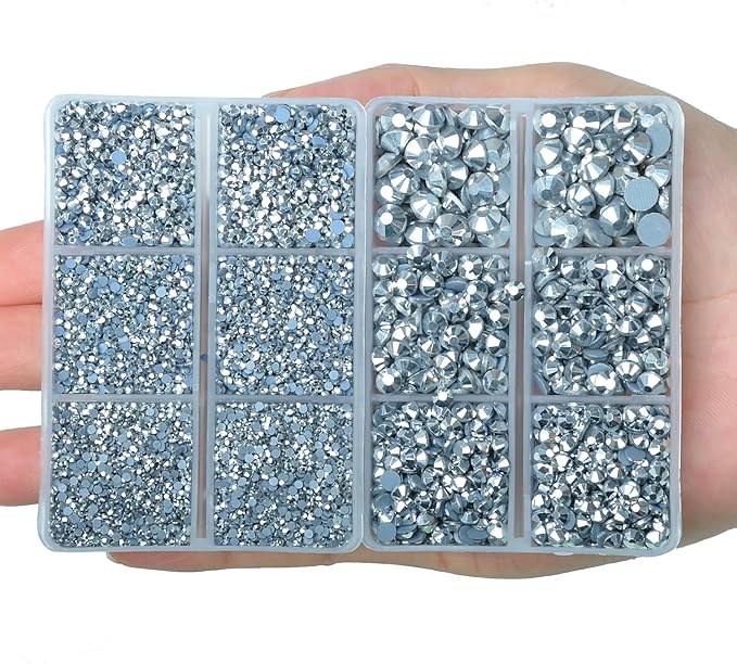 10000Pcs 2-Boxes Mixed Size Hot Fix Round Crystals Gems Glass Stones Hotfix Flat Back Rhinestones with Tweezers and Picking Pencil (Labrador Silver)