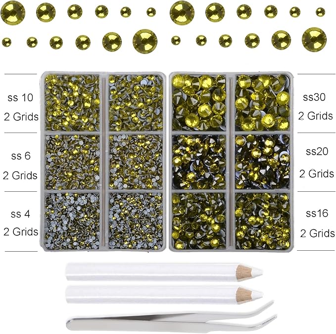 10000Pcs 2-Boxes Mixed Size Hot Fix Round Crystals Gems Glass Stones Hotfix Flat Back Rhinestones with Tweezers and Picking Pencil (Olivine)