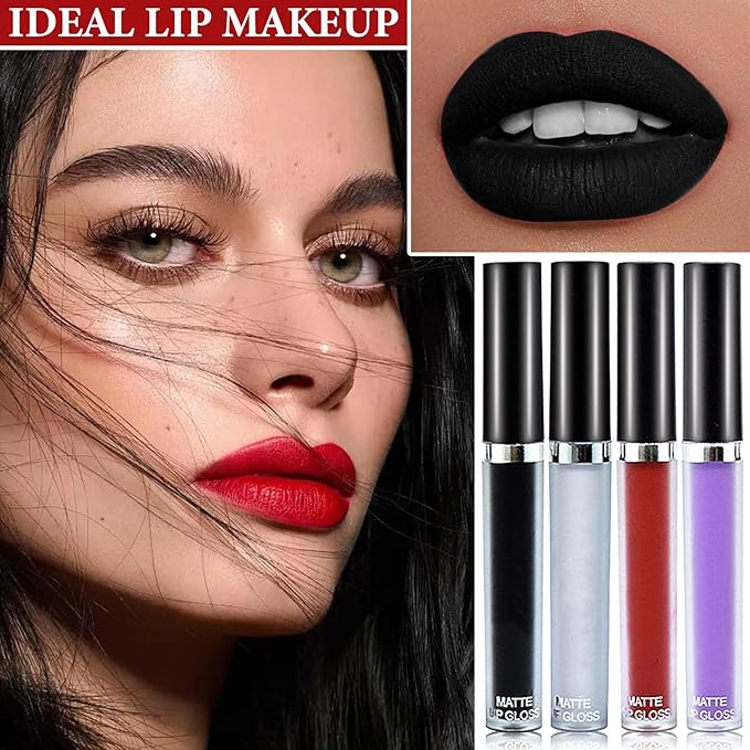 4 Pcs Black White Red Purple Matte Liquid Lipstick Sets,Highly Pigmented Nude Lipstick Lip Stain,Matte Lipstick for Women Lip Gloss Gift Set,Waterproof Long Lasting Smudge Proof Matte Finish