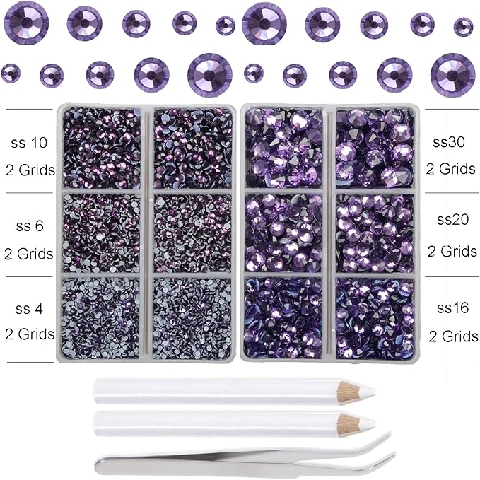 10000Pcs 2-Boxes Mixed Size Hot Fix Round Crystals Gems Glass Stones Hotfix Flat Back Rhinestones with Tweezers and Picking Pencil (Tanzanite)
