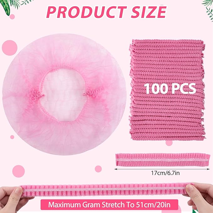 100 Pieces Non-Woven Hair Nets,Disposable Bouffant Caps,20 Inch Elastic Head Cover,Pink Disposable Hair Nets,Hair Net for Food Service,Beauty Salon Cosmetics Spa Men & Women(Pink)