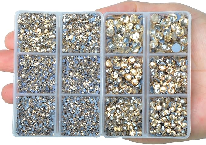 10000Pcs 2-Boxes Mixed Size Hot Fix Round Crystals Gems Glass Stones Hotfix Flat Back Rhinestones with Tweezers and Picking Pencil (Light Champagne)
