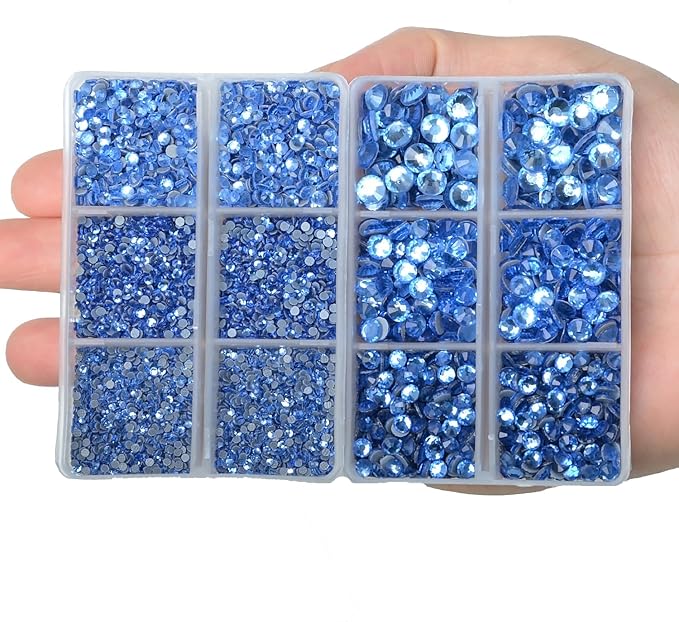 10000Pcs 2-Boxes Mixed Size Hot Fix Round Crystals Gems Glass Stones Hotfix Flat Back Rhinestones with Tweezers and Picking Pencil (Light Blue)