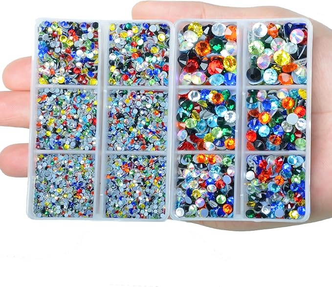 10000Pcs 2-Boxes Mixed Size Hot Fix Round Crystals Gems Glass Stones Hotfix Flat Back Rhinestones with Tweezers and Picking Pencil (Multi Color)