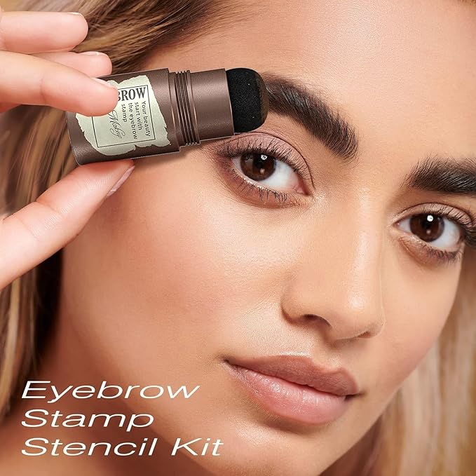 Eyebrow Stamp Stencil Kit - Long-Lasting Eyebrow Powder with Blush, Waterproof & Smudge-Proof Brow Shaping Kit with 24 Reusable Thin & Thick Eyebrow Stencils for Voluminous Brow (Medium Brown)