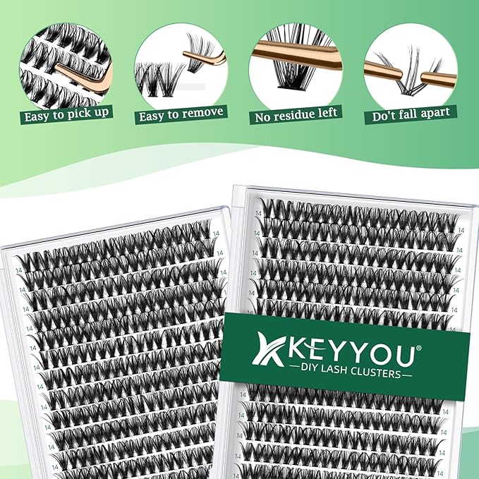 Lash Clusters 300pcs Individual Lashes 40D 0.07D Curl 14mm DIY Eyelash Extension KEYYOU Large Tray Volume Soft&Natural Eyelash Clusters(40D-0.07D,14)