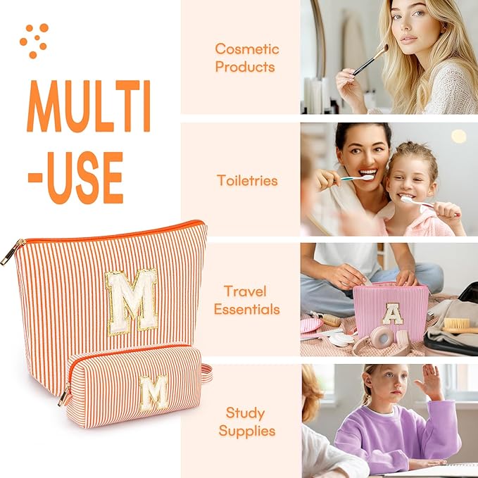 mibasies 2 PCS Initial Makeup Bags: Mothers Day Gifts for Women - Best Friend Birthday Gifts Graduation Gifts Wedding Bridesmaid Girlfriend Wife Daughter Sister Girl Gifts - Orange M