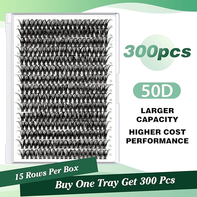 Lash Clusters 300pcs Individual Lashes 50D 0.07D Curl 17mm DIY Eyelash Extension KEYYOU Large Tray Volume Soft&Natural Eyelash Clusters(50D-0.07D,17)