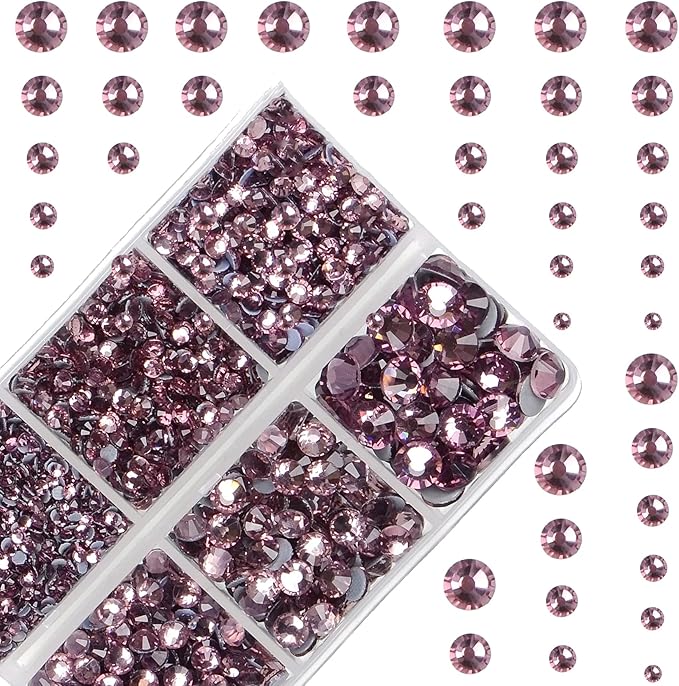 10000Pcs 2-Boxes Mixed Size Hot Fix Round Crystals Gems Glass Stones Hotfix Flat Back Rhinestones with Tweezers and Picking Pencil (Light Amethyst)