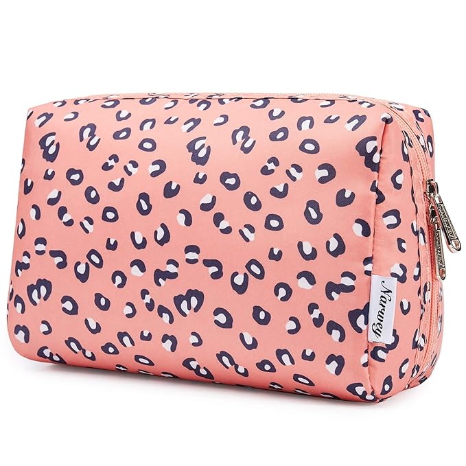 Narwey Cute Cheetah Makeup Bag Travel Cosmetic Bag Organizer Toiletry Bag Make Up Bags with Compartments for Women Girls (Large, Leopard)