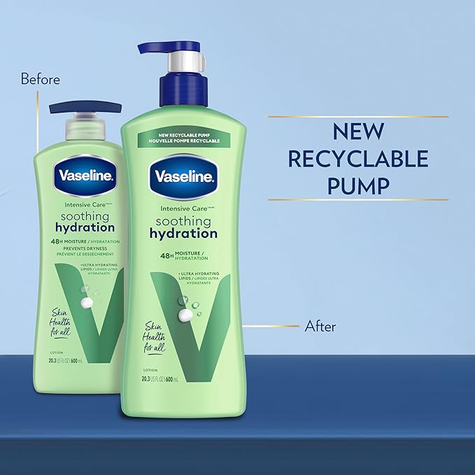 Vaseline Intensive Care Body Lotion for Dry Skin Soothing Hydration Lotion Made with Ultra-Hydrating Lipids + 1% Aloe Vera Extract to Refresh Dehydrated Skin 20.3 oz, Pack of 3