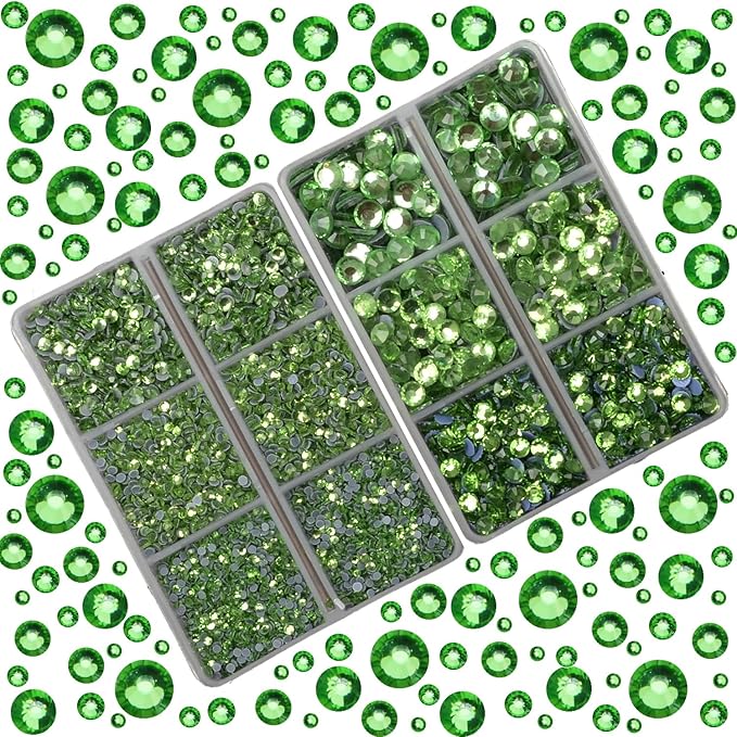 10000Pcs 2-Boxes Mixed Size Hot Fix Round Crystals Gems Glass Stones Hotfix Flat Back Rhinestones with Tweezers and Picking Pencil (Peridot)