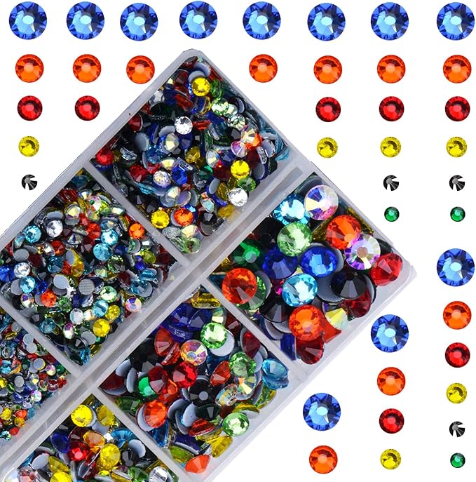 10000Pcs 2-Boxes Mixed Size Hot Fix Round Crystals Gems Glass Stones Hotfix Flat Back Rhinestones with Tweezers and Picking Pencil (Multi Color)