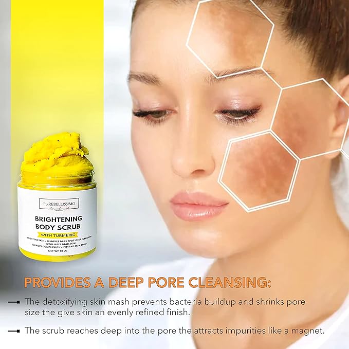Turmeric Skin Brightening Scrub for Dark Spots, Dark Inner Thighs Bikini Area Underarms, Natural Exfoliating Turmeric Face Scrub ALL NATURAL 10OZ
