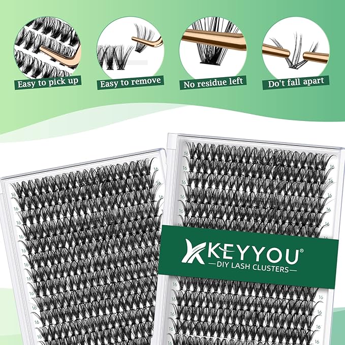 Lash Clusters 300pcs Individual Lashes 40D 0.07D Curl 16mm DIY Eyelash Extension KEYYOU Large Tray Volume Soft&Natural Cluster Lashes(40D-0.07D,16)