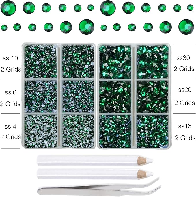10000Pcs 2-Boxes Mixed Size Hot Fix Round Crystals Gems Glass Stones Hotfix Flat Back Rhinestones with Tweezers and Picking Pencil (Emerald)