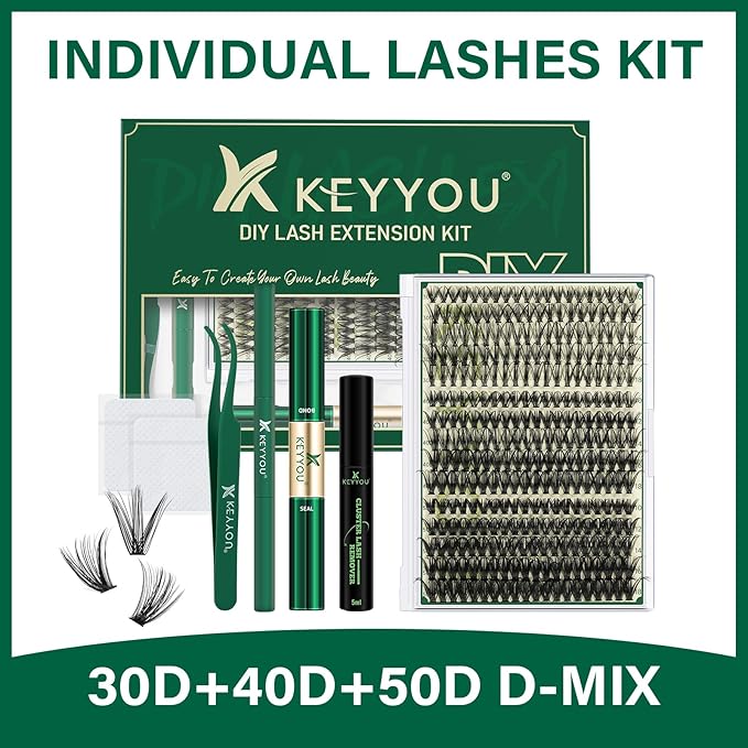 DIY Lash Extension Kit KEYYOU 300Pcs Individual Eyelash Extension Kit 30D40D50D 0.07D Curl 9-18MIX Lash Clusters Kit with Lash Glue Remover Applicator Easy to Use(Kit-30D40D50D-D-9-18MIX)