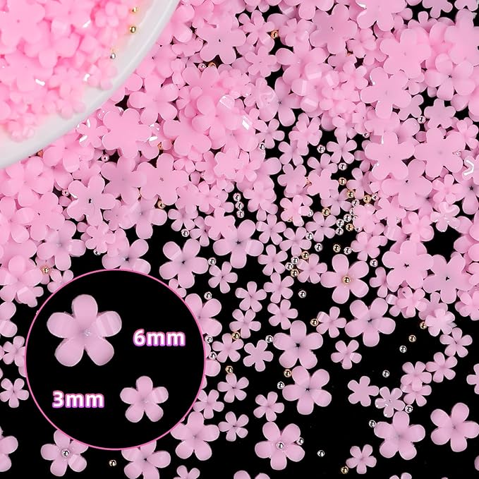 1000 Pcs Pink Colors Acrylic Flower Charms for Nails, Mix Sizes 3D Flowers Nail Charm, Flower Nail Art Charms with Caviar Beads, Blossom Spring Flowers Gems for Nails Art DIY