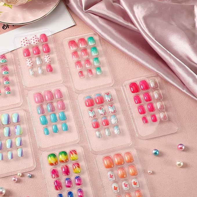 108Pcs Fake Press on Nails for Kids,Acrylic Full Cover False Press on Nails Girls Stick on Nails for Kids Children Birthday Party Favors Gift Nail Art Decoration(9 Pack Gradient Style)