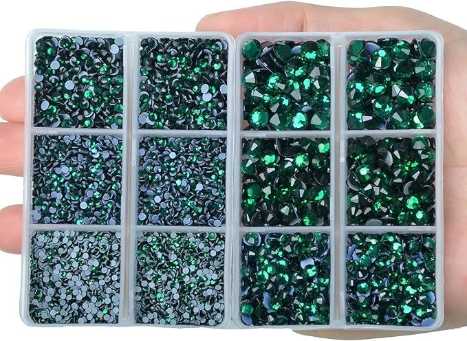 10000Pcs 2-Boxes Mixed Size Hot Fix Round Crystals Gems Glass Stones Hotfix Flat Back Rhinestones with Tweezers and Picking Pencil (Emerald)