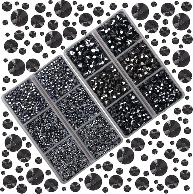 10000Pcs 2-Boxes Mixed Size Hot Fix Round Crystals Gems Glass Stones Hotfix Flat Back Rhinestones with Tweezers and Picking Pencil (Hematite Black)