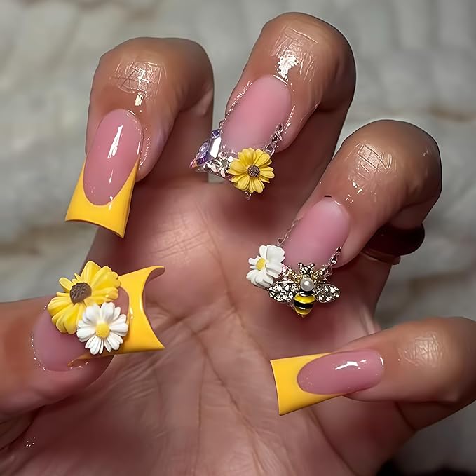 100PCS Nail Charms and Gems Gold Bee Yellow Flower for Nails Design,3D Daisy Y2k Nail Jewels Bulk Nail Art Decor Set