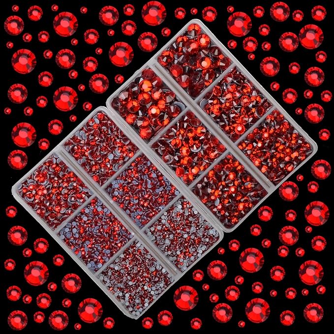 10000Pcs 2-Boxes Mixed Size Hot Fix Round Crystals Gems Glass Stones Hotfix Flat Back Rhinestones with Tweezers and Picking Pencil (Light Siam)