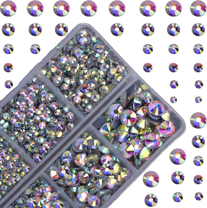 10000Pcs 2-Boxes Mixed Size Hot Fix Round Crystals Gems Glass Stones Hotfix Flat Back Rhinestones with Tweezers and Picking Pencil (Crystal AB)