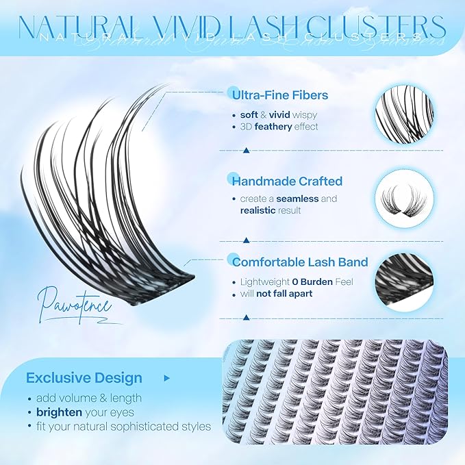 Pawotence Wispy Lash Clusters Natural Eyelash Clusters 8-16mm Cluster Eyelash Extensions 144pcs Fairy Individual Lashes Wispy Cluater Lashes Extension Natural Look