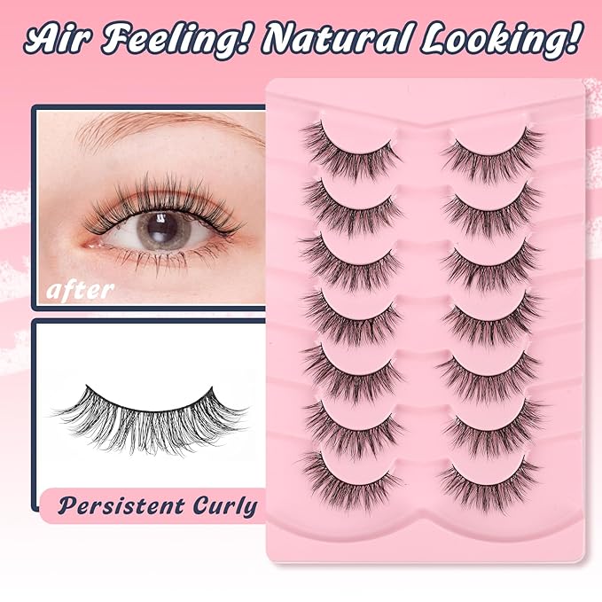 Natural Lashes False Eyelashes Wispy 16mm Fluffy Eyelash C Curl Weightless Lash Pack 0.1MM Thin Band 3D Volume Soft Lashes Siligli 7 Pair