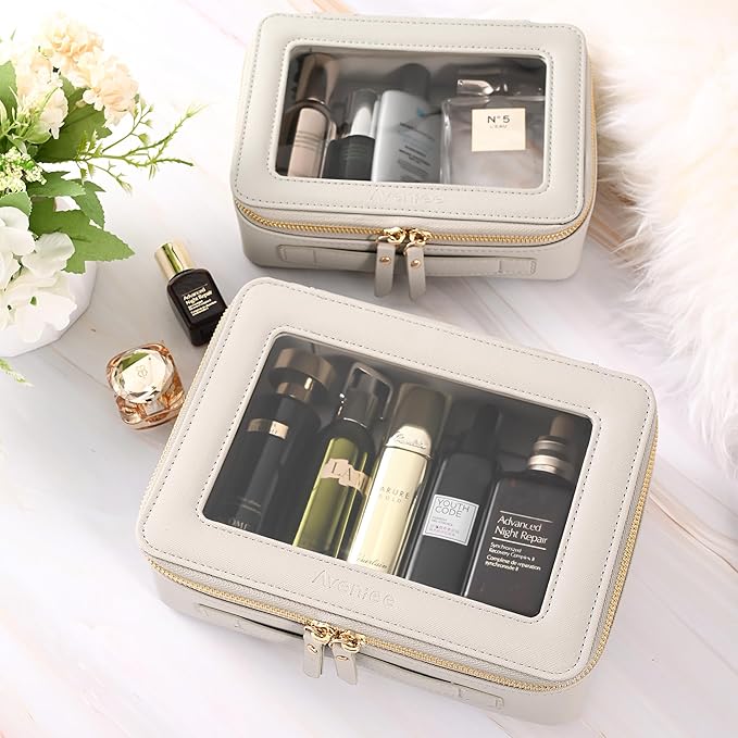 Aveniee Clear Makeup Bag for Women, Large Cosmetic Case Travel Toiletry Bag, Heavy Duty Makeup Organizer with Clear Windows & Gold Zippers(Grey)