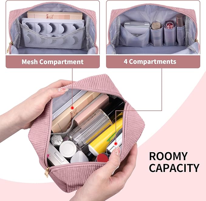 MAGEFY Corduroy Makeup Bag Small Makeup Bag for Purse with Compartments Cute Makeup Pouch Cosmetic Bag for Women Friends Preppy Gifts (Pink, FACE)