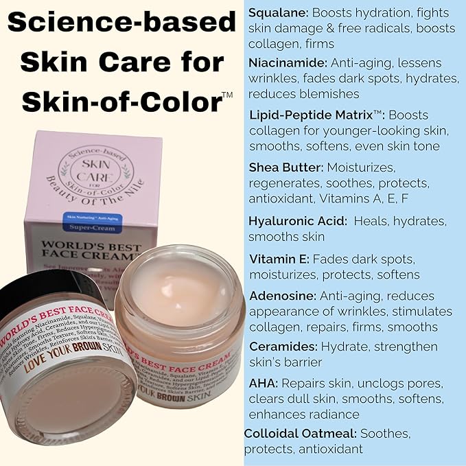 World’s Best Face Cream™ for Skin-of-Color, Anti Aging Reverse Signs of Aging Hydrates Niacinamide Squalane Hyaluronic Acid, 2 oz