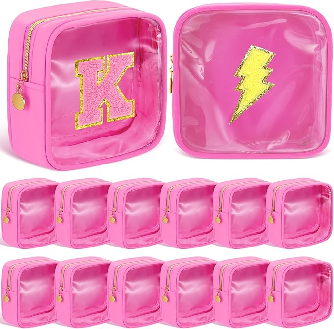 Kacctyen 12 Pcs Mini Makeup Bag Nylon Small Pouch for Purse Mini Square Nylon Pouch with Zipper Small Cosmetic Travel Makeup Bag Purse Organizer for Women (Pink Color,Translucent)