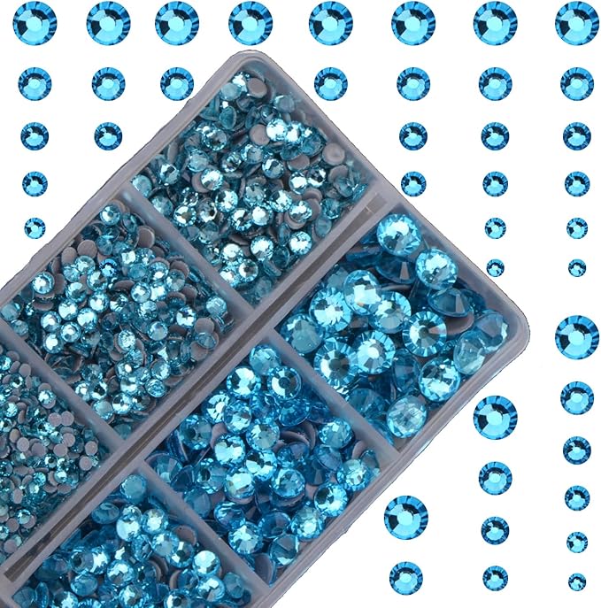 10000Pcs 2-Boxes Mixed Size Hot Fix Round Crystals Gems Glass Stones Hotfix Flat Back Rhinestones with Tweezers and Picking Pencil (Aquamarine)