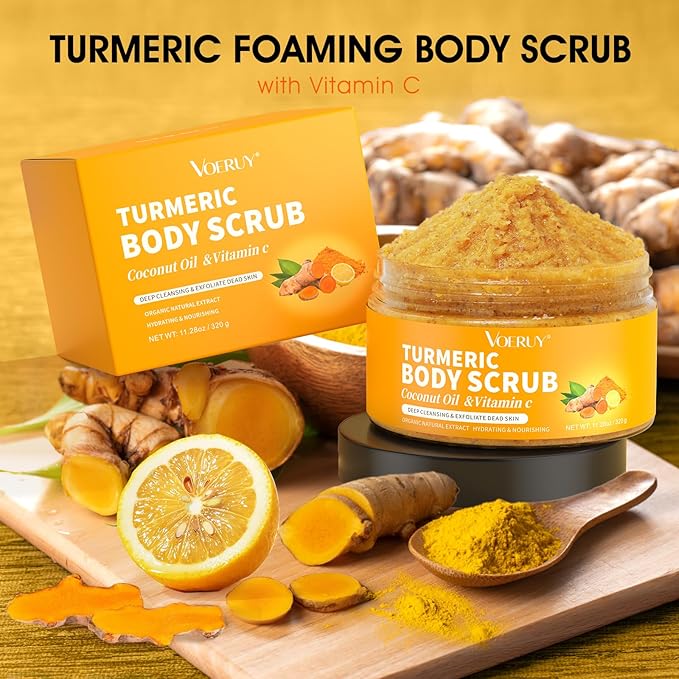 Body Scrub,Turmeric Exfoliating Body Scrub, with Coconut Oil & Vitamin C, Bikini Area Exfoliator Gently Exfoliate Body Hand and Foot Scrub, Moisturized Skin for Women and Men, 11.28oz/320g