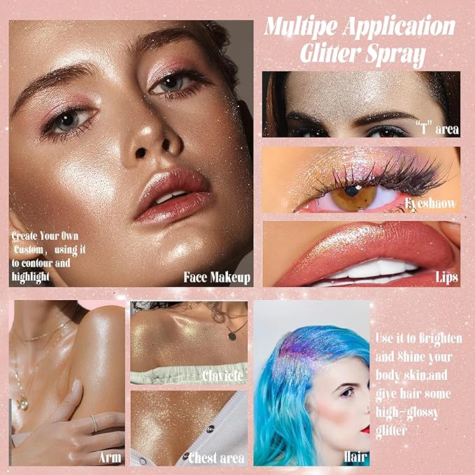 Boko Highlighter Powder Spray, Cosmetic Body Shimmer Spray High Gloss Diamond Glitter Makeup Sparkle Glitter Hairspray Christmas Rave Accessories for Women Face Paint Hair Clothes