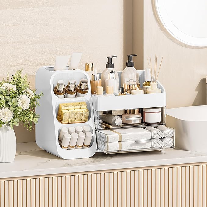 Delamu Makeup Organizer with Drawers for Vanity, Spacious Cosmetic Display Case with Makeup Brush Holder, Perfect Vanity Bathroom Organizer and Storage Solution for Skincare & Beauty Essentials, White