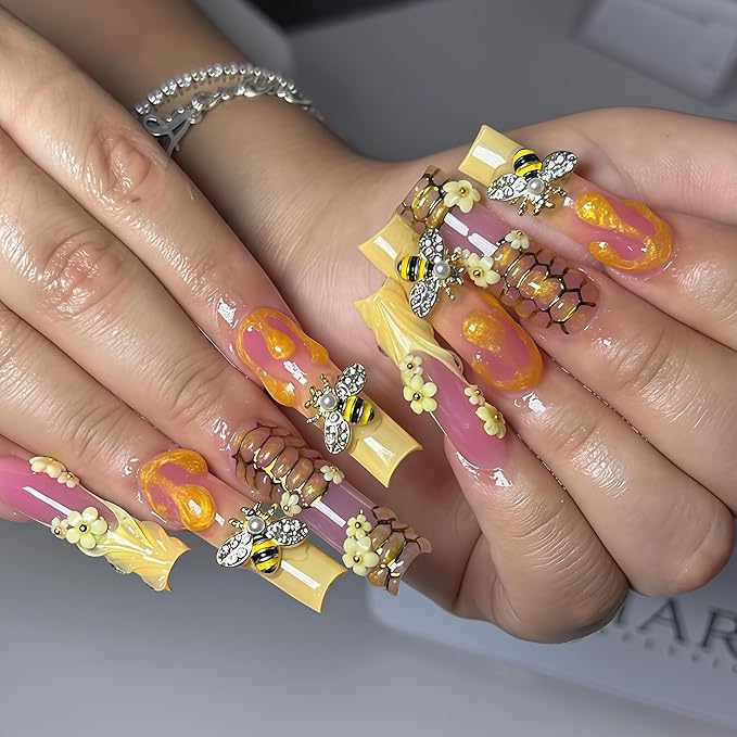 100PCS Nail Charms and Gems Gold Bee Yellow Flower for Nails Design,3D Daisy Y2k Nail Jewels Bulk Nail Art Decor Set