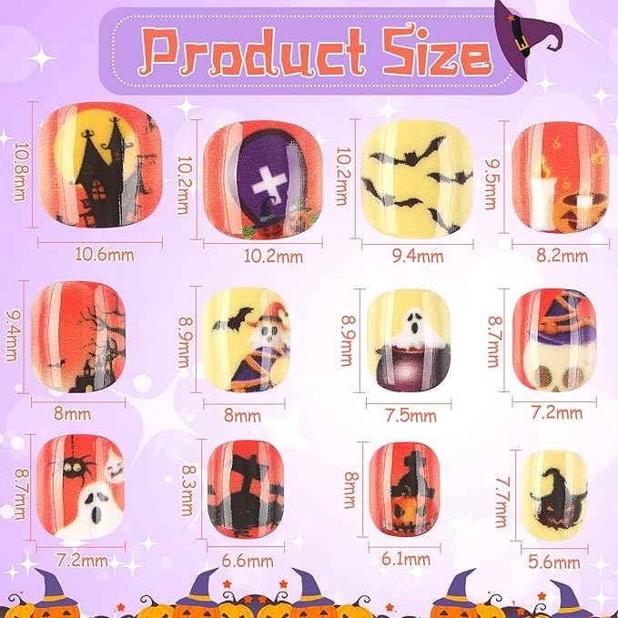 108Pcs Halloween Fake Press on Nails for Kids, Acrylic Full Cover False Press on Nails Girls Stick on Nails for Kids Children Halloween Birthday Party Favors Gift Nail Art Decoration(9 Pack)