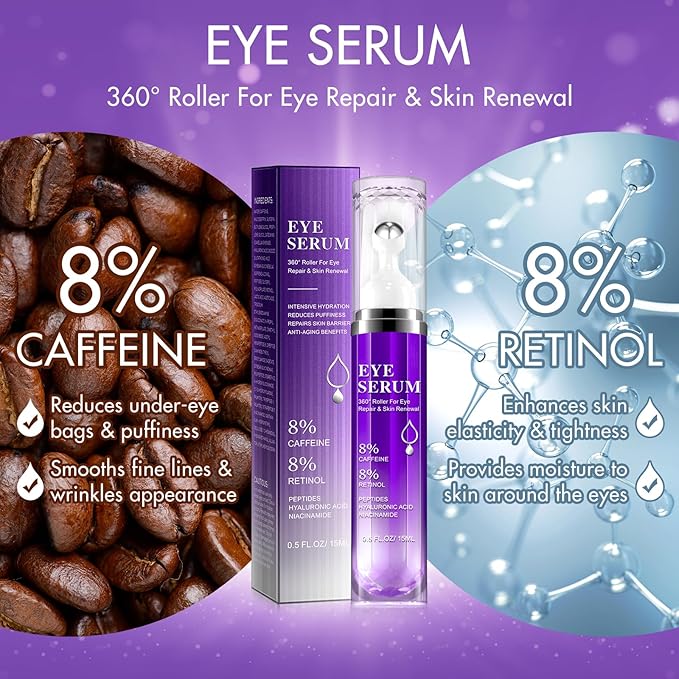 Under Eye Roller Serum|5% Caffeine 5% Retinol Eye Cream for Dark Circles, Puffiness and Bags, Puffy Bags Fine Lines Wrinkles, 360° Massage Ball Cream, 8% Hyaluronic Acid Serum