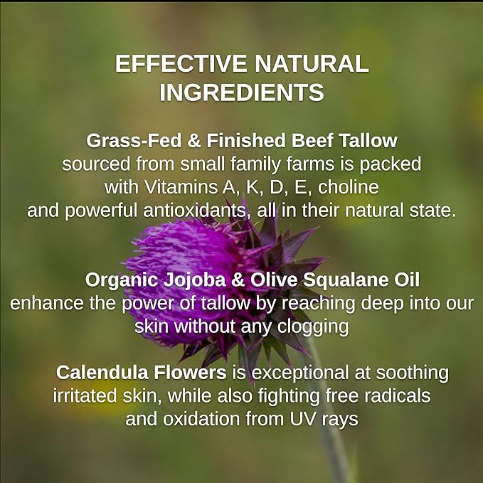 Tallow & Squalane Non-Comedogenic Face Balm - with Squalane & Calendula Flowers - Rich in Vitamin A, K, D & E - Creates Soft, Smooth Skin - 4 Oz (Unscented, 4 Oz)