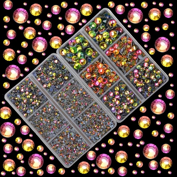 10000Pcs 2-Boxes Mixed Size Hot Fix Round Crystals Gems Glass Stones Hotfix Flat Back Rhinestones with Tweezers and Picking Pencil (Vitrail Medium)