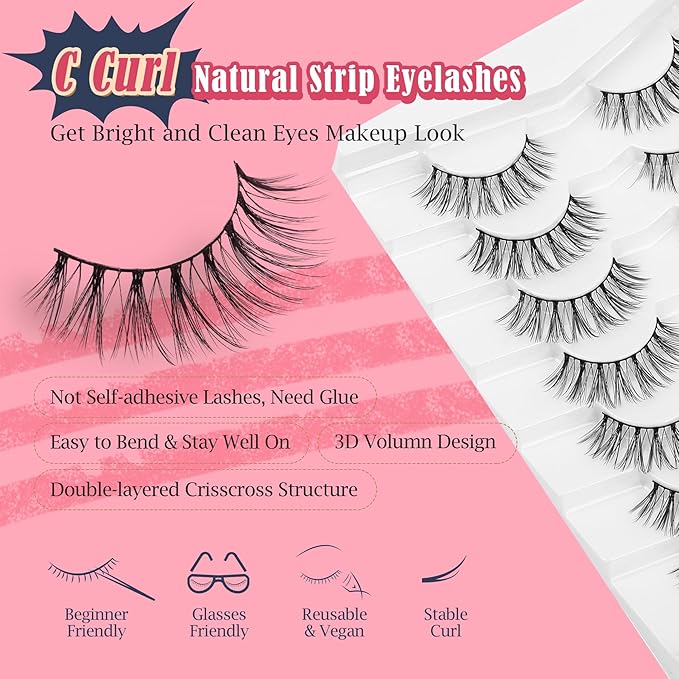 Strip Lashes Natural False Eyelashes Wispy Fake Eyelashes Soft False Lashes C Curl Natural Lash 13mm Siligli Eyelashes 7 Pair Eye Lashes Pack