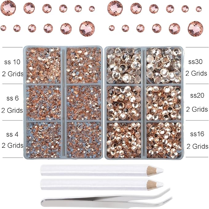 10000Pcs 2-Boxes Mixed Size Hot Fix Round Crystals Gems Glass Stones Hotfix Flat Back Rhinestones with Tweezers and Picking Pencil (Champagne)