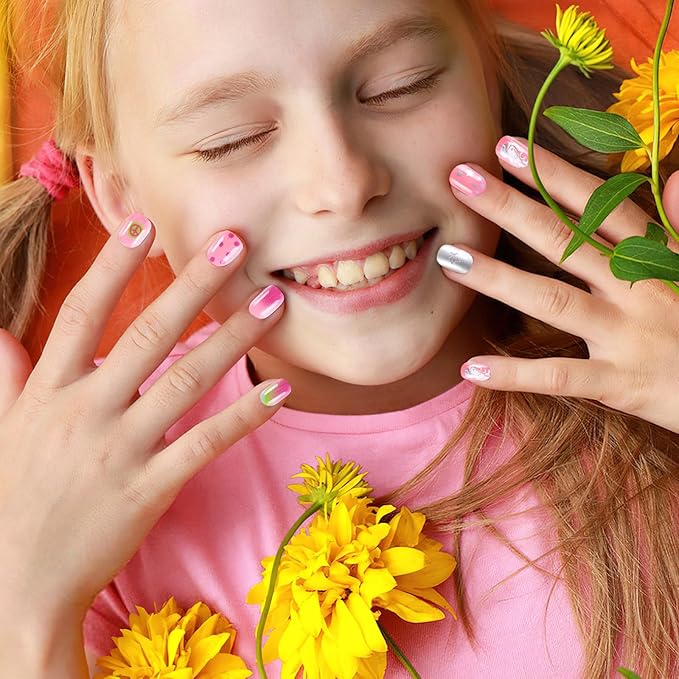 108Pcs Fake Press on Nails for Kids,Acrylic Full Cover False Press on Nails Girls Stick on Nails for Kids Children Birthday Party Favors Gift Nail Art Decoration(9 Pack Cute Style)