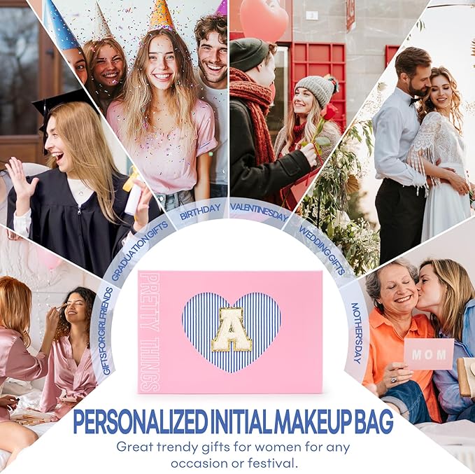2 PCS Initial Makeup Bags for Women: Cosmetic Bag for Travel Toiletry - Birthday Gifts for 11 12 13 14 15 16 17 18 Years Old Girl Graduation Teacher Gift- Teen Girl Gifts Trendy Stuff - Blue R